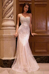 Ladivine CD866 Fitted Fringe Embellished Tulle Overlay Nude Lining Formal Gown