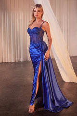 Ladivine CD868 Long Glamorous Lace Detailed Formal Gown Side Sash