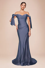 Ladivine CD943 Fitted Stretch Jersey Long Formal Dress Off Shoulder