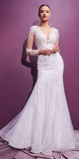 Cinderella Divine CD951W Lace Mermaid Gown With Long Illusion Sleeves