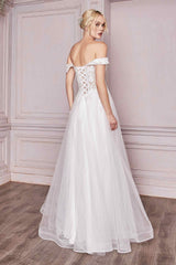 Cinderella Divine CD961W Long Lace Off the Shoulder Bridal Gown