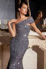 Cinderella Divine CD980 Long Off the One Shoulder Sequins Gown