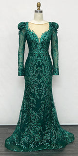 Ladivine CD989 Floor Length Glitter Print Dress with Long Sleeves