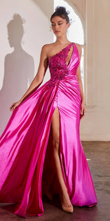 Ladivine CDS454 Floor Length One Shoulder Keyhole Bodice Leg Slit Satin Gown