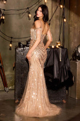 Ladivine CDS555 Cold Shoulder Fringe Fitted Formal Gown