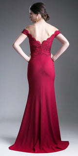 Cinderella Divine CF158 Off Shoulder Floor Length Evening Gown Applique Bodice