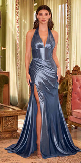 Ladivine CH048 Long V-Neck Halter Fitted Satin Corset Waist Gown