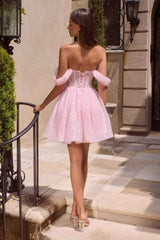 Ladivine CJ420 Off-Shoulder Glitter Tulle Short Dress with Corset Back