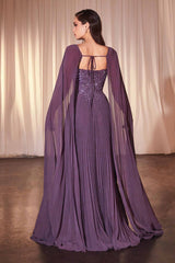 Ladivine CJ937 Pleated A-Line Gown With Cape Sleeves