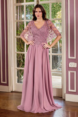 Ladivine CL10 Mother of the Bride V-Neckline Lace Bodice A-Line Gown