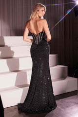 Ladivine CM367 Dress Strapless Crystal Embellished Black Fitted Gown