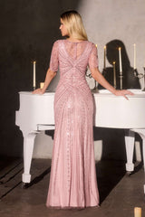 Ladivine CR887 Scoop Neck Flutter Sleeve Beaded Tulle Overlay Formal Gown