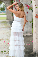 Georgia Ruffle Tulle A-Line Mesh Detail Maxi Dress (White) - treasures-4-u-2-day