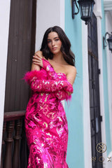 Nox Anabel D1269 Detachable Long Sleeves Floral Sequin Mermaid Gown