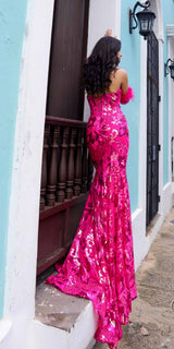 Nox Anabel D1269 Detachable Long Sleeves Floral Sequin Mermaid Gown