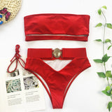 Chic Metal Buckle Strapless Bikini Swimsuit for Women