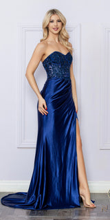 Nox Anabel E1284 Long Strapless Satin Sequin Boned Bodice Formal Gown