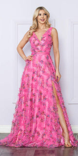 Nox Anabel E1445 Long A-Line V-Neck Floral Print Evening Gown