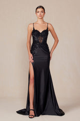 Nox Anabel E1488 Luxurious Shiny Satin Material A Sweetheart Neckline & Slit