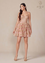 CLEARANCE - Nox Anabel E914 Short Applique Tiered A-Line Rose Gold Dress (Size 6, 12)