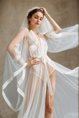 Elegant Sheer Lace Bridal Robe with Floral Embroidery and Satin Tie