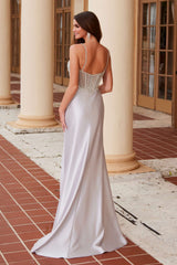 Nox Anabel F1570 Long Satin Dress Sheer Boned Waistline Fully Beaded Top