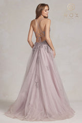 Nox Anabel G1149 Floor Length A-Line Tulle Gown with Slit