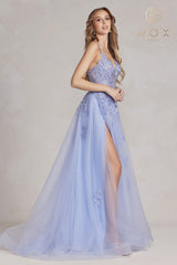 Nox Anabel G1149 Floor Length A-Line Tulle Gown with Slit
