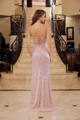 Nox Anabel G1656 Lace-Up Sequin Sheer Boned Waistline Dress with Slit