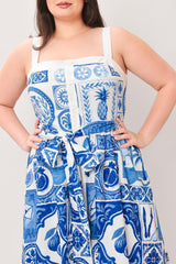 BLUE MAJOLICA CHARM WOVEN MIDI DRESS