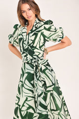 BOTANICAL BREEZE WOVEN TRUE WRAP MIDI DRESS