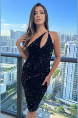 Venice Black One Shoulder Allover Sequin Midi Dress (Black) - treasures-4-u-2-day