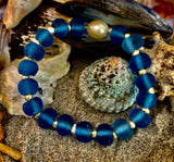 Moonlit Tide Bracelet - Recycled Glass & Freshwater Pearl Stretch Bracelet
