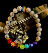 🌈 Faux Stone Chakra Bracelets with LGBTQ Pride Bead – White, Black, or Lava Rock