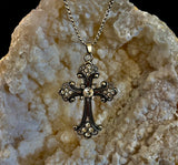 The Material Girl - Vintage Crystal Cross Pendant Necklace – Ornate Silver Tone - treasures-4-u-2-day