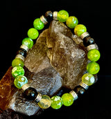 Green Agate & Black Onyx Stretch Bracelet — Handmade Natural Stone Bracelet with Silver Spacers for Large to XL Wrists (7.5"–8.5")