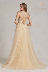Nox Anabel J1089 Floor Length A-Line Tulle Gown with Slit