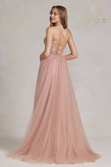 Nox Anabel J1089 Floor Length A-Line Tulle Gown with Slit