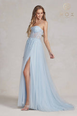 Nox Anabel J1089 Floor Length A-Line Tulle Gown with Slit