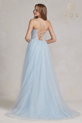 Nox Anabel J1089 Floor Length A-Line Tulle Gown with Slit