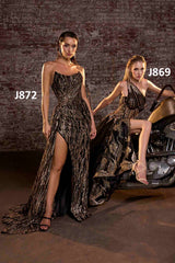Ladivine J869 Long Fitted Tulle One Shoulder Strap Illusion Neck Gown
