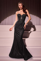 Ladivine J871 Long Sultry Fitted Strapless Embellished Prom Gown