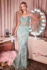 Ladivine J889 Hand Placed Applique Shimmering Sequin Fitted Gown