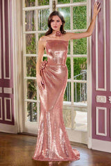 Ladivine J905 Sleek Strapless Sequin Side Illusion Modern Fitted Gown