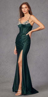 Juliet JT2434A Long V-Neck Embellished Corset Bodice Fitted Mermaid Gown