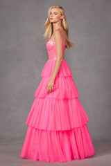 Juliet JT2457H Long Tiered Ruffled Tulle A-Line Sequin Bodice Dress