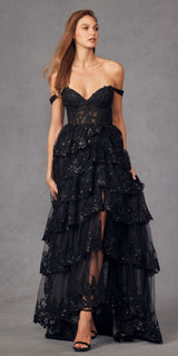 Juliet JT2463A Long Tiered Ruffled Skirt A-Line Boned Bodice Dress