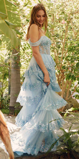 Juliet JT2467K Long Off the Shoulder Draped Sleeve A-Line Gown