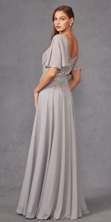 Juliet JTM14F Long A-Line Flutter Mid-Length Sleeve Evening Gown