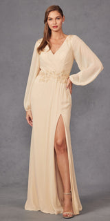 Juliet JTM16A Long Sleeve V-Neck Embroidered Applique Evening Gown